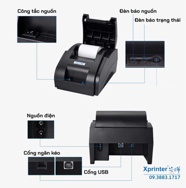 Máy in hóa đơn XP-58IIH: Hỗ trợ USB, Bluetooth, in logo, tiết kiệm diện tích