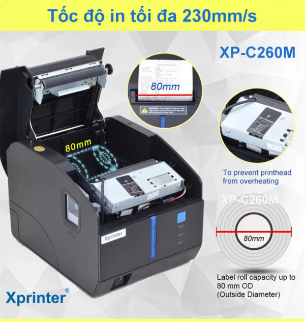 Máy in hóa đơn XP-C260M: Báo động âm thanh, chống nước, hỗ trợ mã vạch 1D 2D