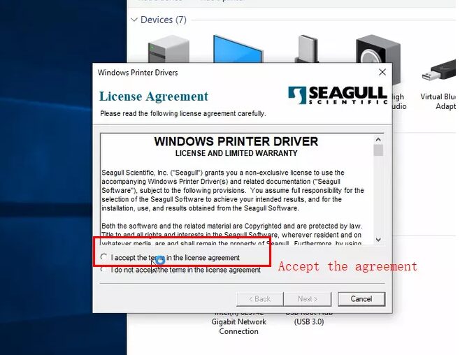Bấm chấp nhận điều khoản sử dụng cài Driver Máy In Tem USB Trên Windows