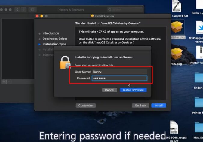 Nhập mật khẩu máy tính để tiến hành cài đặt driver máy in tem nhãn trên macos
