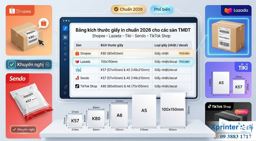 Bảng kích thước giấy in chuẩn năm 2026 cho từng sàn TMĐT lớn tại Việt Nam ️