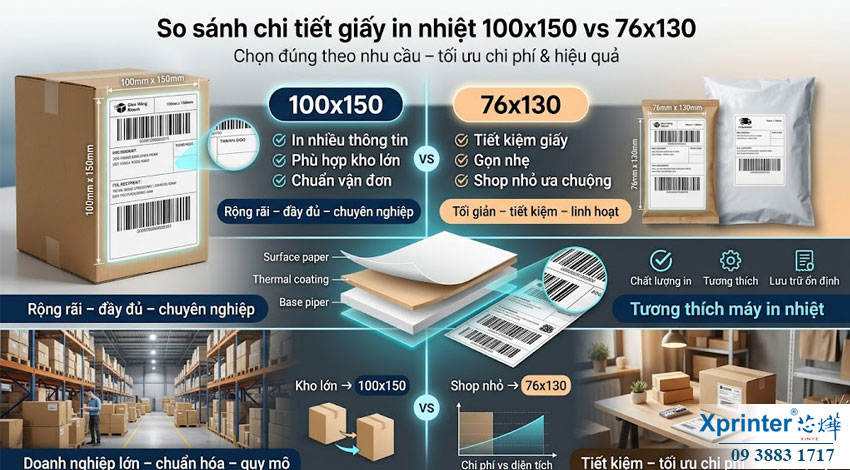 So sánh chi tiết: Giấy in nhiệt 100x150 vs 76x130